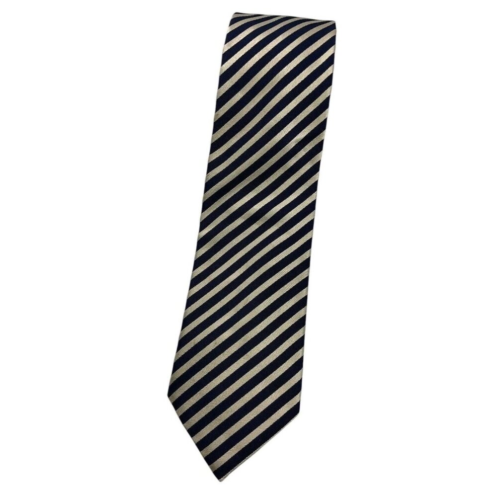 CANALI Men's 100% Silk Necktie LUXURY Tie Navy Beige Striped W:3.7" EUC